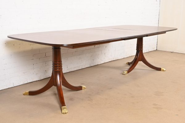 Baker Furniture Style Georgian Banded Mahogany Double Pedestal Extension Dining Table, Newly Refinished - Image 4