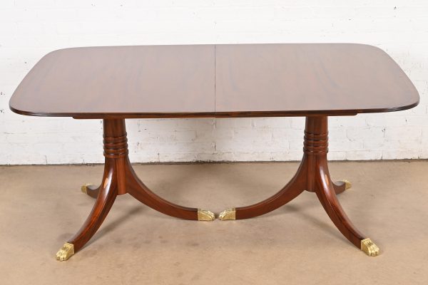 Baker Furniture Style Georgian Banded Mahogany Double Pedestal Extension Dining Table, Newly Refinished - Image 6