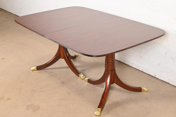 Baker Furniture Style Georgian Banded Mahogany Double Pedestal Extension Dining Table, Newly Refinished - Image 7