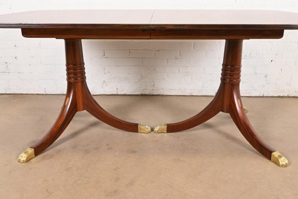 Baker Furniture Style Georgian Banded Mahogany Double Pedestal Extension Dining Table, Newly Refinished - Image 10