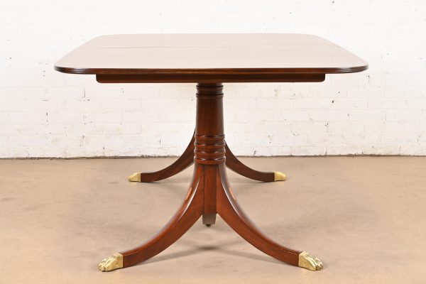 Baker Furniture Style Georgian Banded Mahogany Double Pedestal Extension Dining Table, Newly Refinished - Image 11