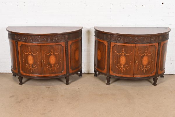 Baker Furniture French Regency Louis XVI Mahogany and Inlaid Marquetry Demilune Consoles or Bar Cabinets, Circa 1960s - Image 2