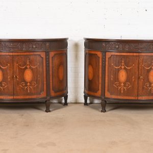 Baker Furniture French Regency Louis XVI Mahogany and Inlaid Marquetry Demilune Consoles or Bar Cabinets, Circa 1960s
