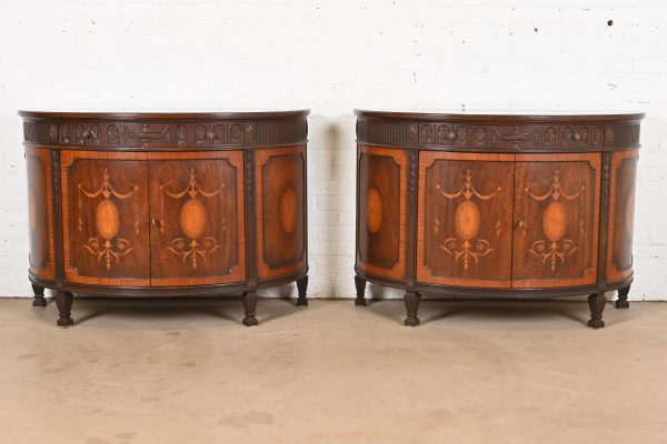 Baker Furniture French Regency Louis XVI Mahogany and Inlaid Marquetry Demilune Consoles or Bar Cabinets, Circa 1960s