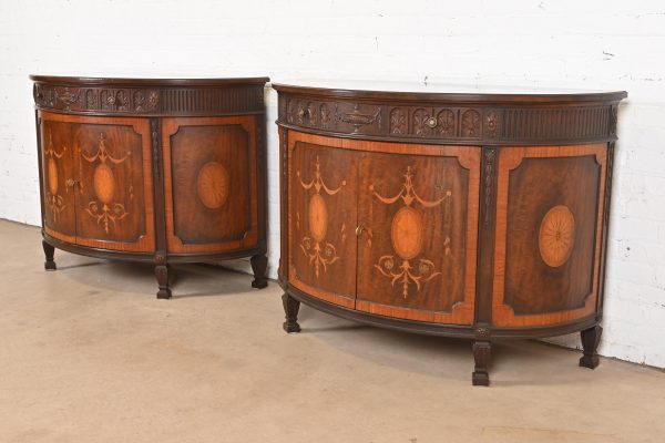Baker Furniture French Regency Louis XVI Mahogany and Inlaid Marquetry Demilune Consoles or Bar Cabinets, Circa 1960s - Image 3