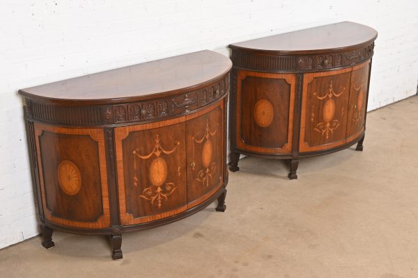 Baker Furniture French Regency Louis XVI Mahogany and Inlaid Marquetry Demilune Consoles or Bar Cabinets, Circa 1960s - Image 4