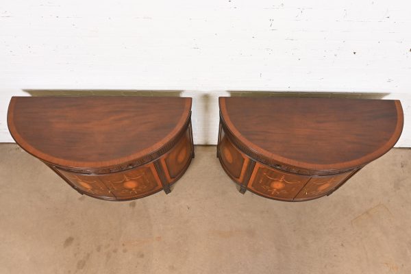 Baker Furniture French Regency Louis XVI Mahogany and Inlaid Marquetry Demilune Consoles or Bar Cabinets, Circa 1960s - Image 9