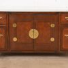 Michael Taylor for Baker Hollywood Regency Chinoiserie Burled Walnut Sideboard Credenza, Circa 1970s