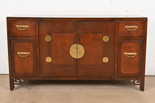 Michael Taylor for Baker Hollywood Regency Chinoiserie Burled Walnut Sideboard Credenza, Circa 1970s