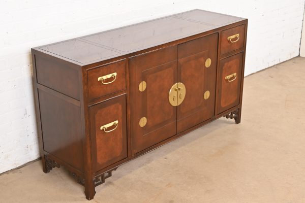 Michael Taylor for Baker Hollywood Regency Chinoiserie Burled Walnut Sideboard Credenza, Circa 1970s - Image 4