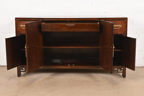 Michael Taylor for Baker Hollywood Regency Chinoiserie Burled Walnut Sideboard Credenza, Circa 1970s - Image 5