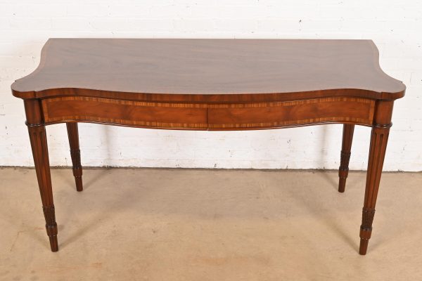 Arthur Brett & Sons English Regency Louis XVI Banded Mahogany Serpentine Sideboard Buffet or Console Table, Newly Refinished - Image 3