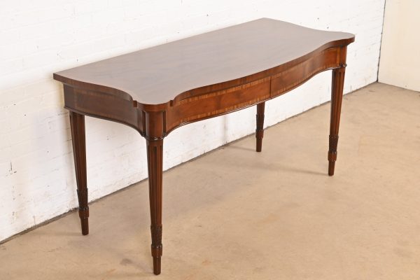 Arthur Brett & Sons English Regency Louis XVI Banded Mahogany Serpentine Sideboard Buffet or Console Table, Newly Refinished