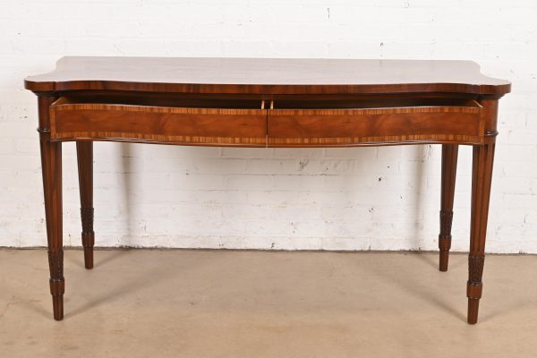 Arthur Brett & Sons English Regency Louis XVI Banded Mahogany Serpentine Sideboard Buffet or Console Table, Newly Refinished - Image 6