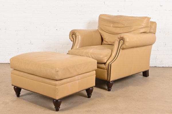 Ralph Lauren Contemporary Studded Leather Lounge Chair With Ottoman