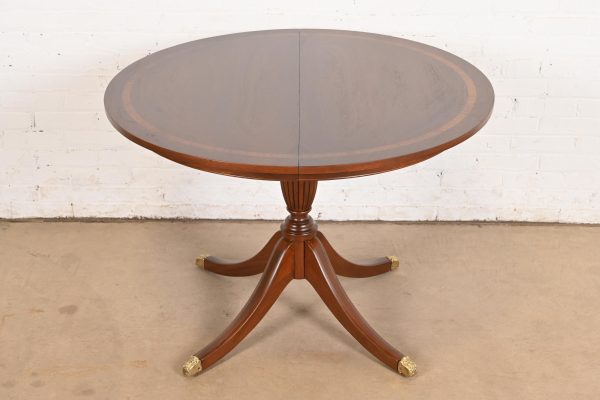 Baker Furniture Style Georgian Banded Mahogany Pedestal Extension Dining Table, Newly Refinished