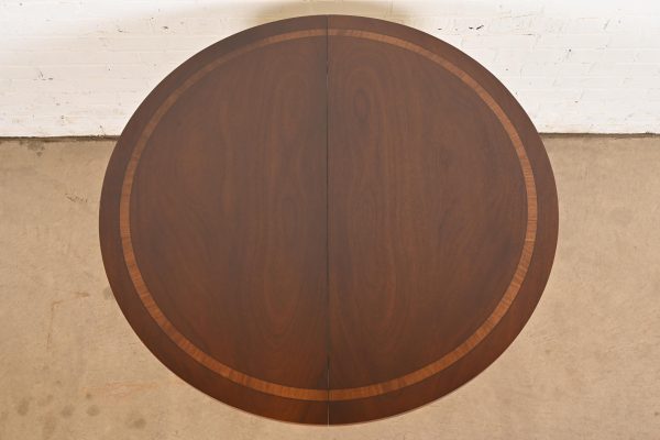 Baker Furniture Style Georgian Banded Mahogany Pedestal Extension Dining Table, Newly Refinished - Image 4