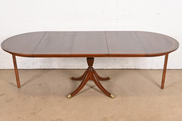 Baker Furniture Style Georgian Banded Mahogany Pedestal Extension Dining Table, Newly Refinished - Image 9