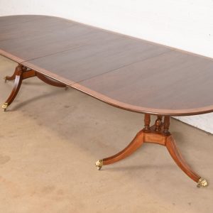 Baker Furniture Style Georgian Banded Mahogany Double Pedestal Extension Dining Table, Newly Refinished