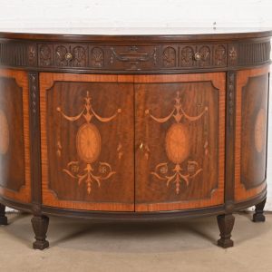 Baker Furniture French Regency Louis XVI Mahogany and Inlaid Marquetry Demilune Console or Bar Cabinet, Circa 1960s