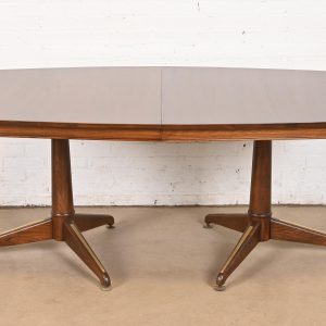Kent Coffey Perspecta Mid-Century Modern Sculpted Walnut Double Pedestal Extension Dining Table, Newly Refinished