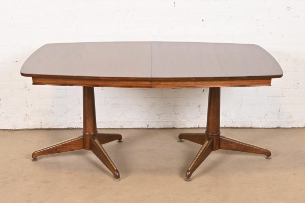 Kent Coffey Perspecta Mid-Century Modern Sculpted Walnut Double Pedestal Extension Dining Table, Newly Refinished