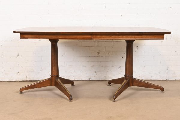 Kent Coffey Perspecta Mid-Century Modern Sculpted Walnut Double Pedestal Extension Dining Table, Newly Refinished - Image 2
