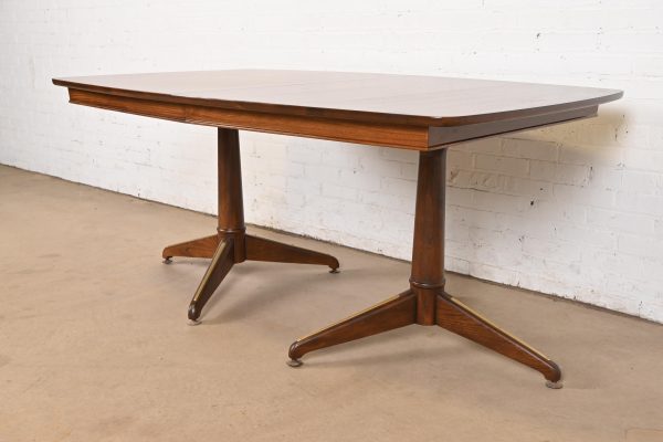 Kent Coffey Perspecta Mid-Century Modern Sculpted Walnut Double Pedestal Extension Dining Table, Newly Refinished - Image 3