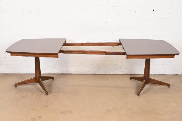 Kent Coffey Perspecta Mid-Century Modern Sculpted Walnut Double Pedestal Extension Dining Table, Newly Refinished - Image 5