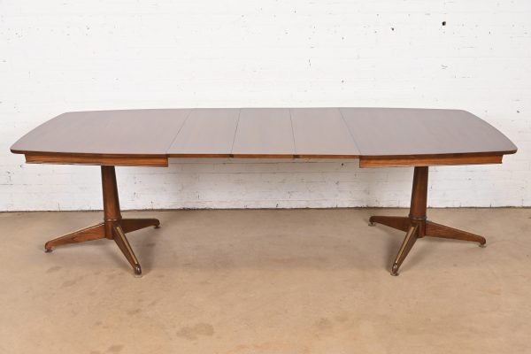 Kent Coffey Perspecta Mid-Century Modern Sculpted Walnut Double Pedestal Extension Dining Table, Newly Refinished - Image 6