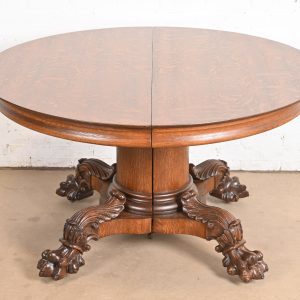 George C. Flint Co. Antique Victorian Oak Split Pedestal Extension Dining Table With Carved Paw Feet, Newly Refinished