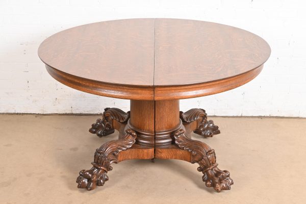 George C. Flint Co. Antique Victorian Oak Split Pedestal Extension Dining Table With Carved Paw Feet, Newly Refinished