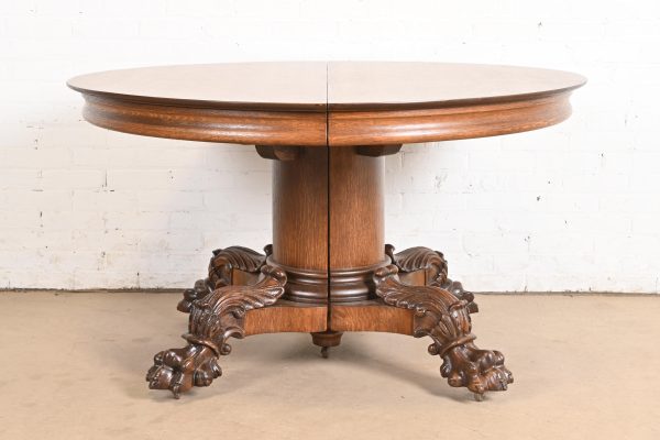 George C. Flint Co. Antique Victorian Oak Split Pedestal Extension Dining Table With Carved Paw Feet, Newly Refinished - Image 2