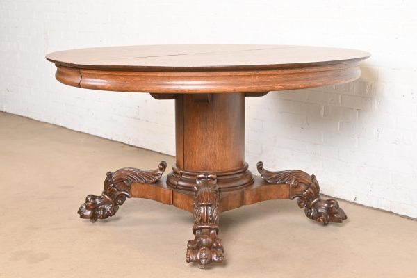 George C. Flint Co. Antique Victorian Oak Split Pedestal Extension Dining Table With Carved Paw Feet, Newly Refinished - Image 4