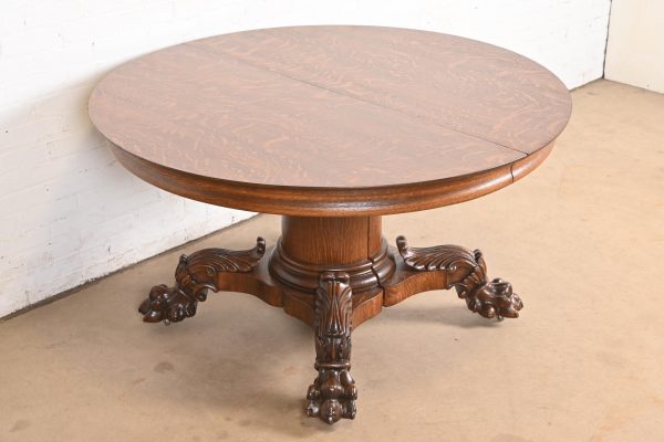 George C. Flint Co. Antique Victorian Oak Split Pedestal Extension Dining Table With Carved Paw Feet, Newly Refinished - Image 3