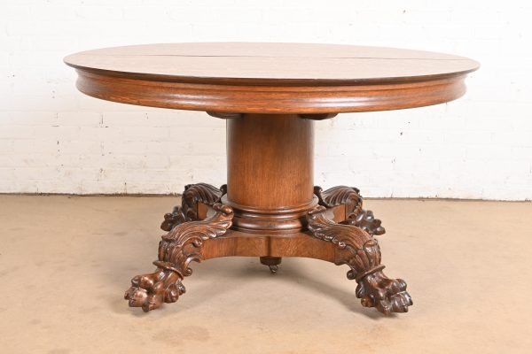 George C. Flint Co. Antique Victorian Oak Split Pedestal Extension Dining Table With Carved Paw Feet, Newly Refinished - Image 10
