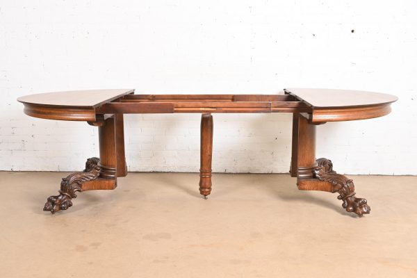 George C. Flint Co. Antique Victorian Oak Split Pedestal Extension Dining Table With Carved Paw Feet, Newly Refinished - Image 6