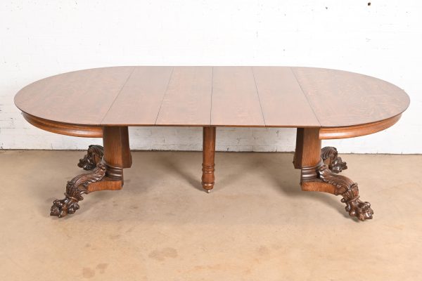 George C. Flint Co. Antique Victorian Oak Split Pedestal Extension Dining Table With Carved Paw Feet, Newly Refinished - Image 7