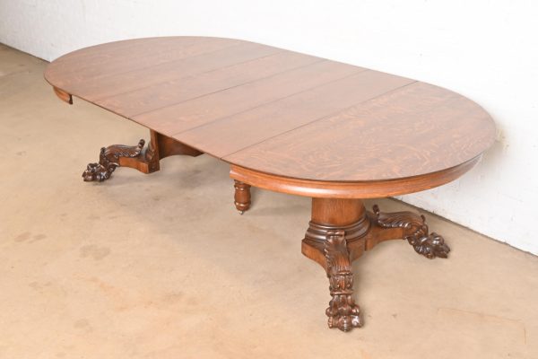 George C. Flint Co. Antique Victorian Oak Split Pedestal Extension Dining Table With Carved Paw Feet, Newly Refinished - Image 8