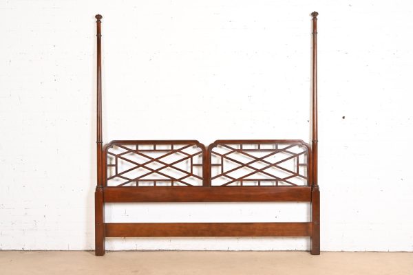 Baker Furniture Chinese Chippendale Carved Cherry Wood King Size Poster Headboard