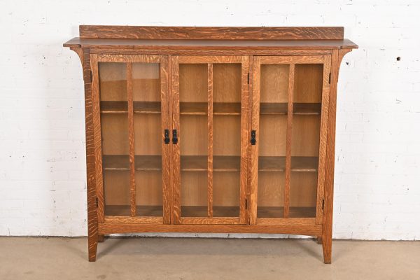 Limbert Style Mission Oak Arts and Crafts Triple Bookcase Cabinet - Image 2