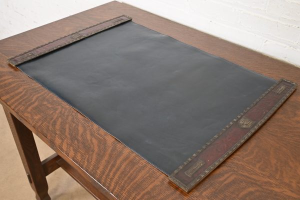 Tiffany Studios New York Heraldic Bronze Blotter Ends With Leather Desk Blotter - Image 4
