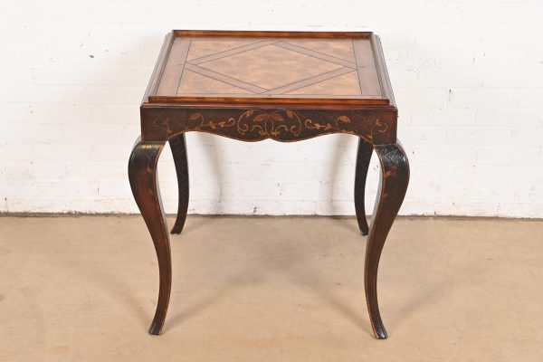 Baker Furniture French Provincial Louis XV Burl Wood and Walnut Parcel Painted Tea Table - Image 3