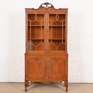 Romweber French Provincial Louis XV Burl Wood Breakfront Bookcase Cabinet, Circa 1920s