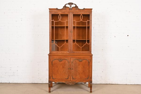 Romweber French Provincial Louis XV Burl Wood Breakfront Bookcase Cabinet, Circa 1920s