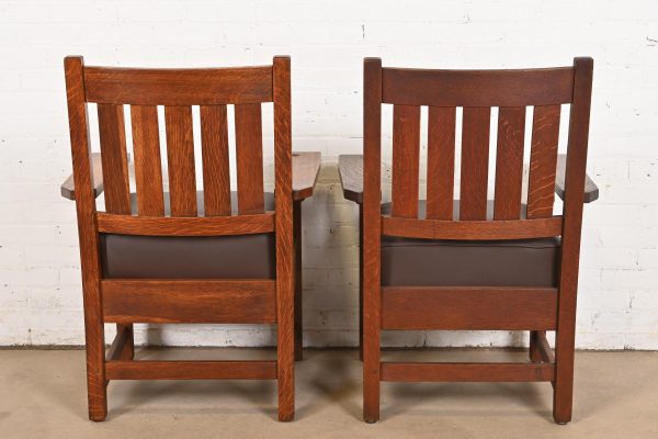 Gustav Stickley Antique Mission Oak Arts & Crafts Arm Chairs, Pair - Image 9