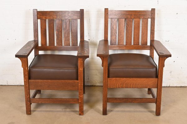 Gustav Stickley Antique Mission Oak Arts & Crafts Arm Chairs, Pair - Image 3