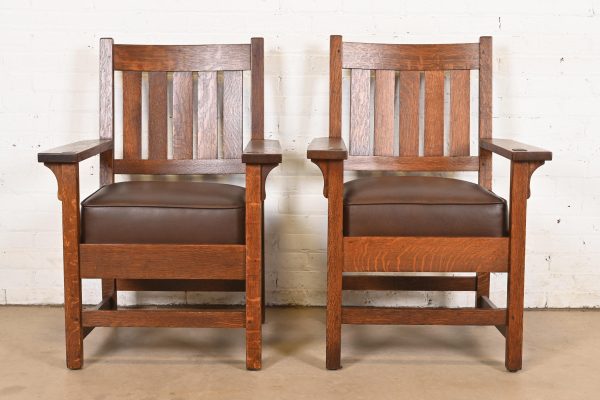 Gustav Stickley Antique Mission Oak Arts & Crafts Arm Chairs, Pair - Image 2