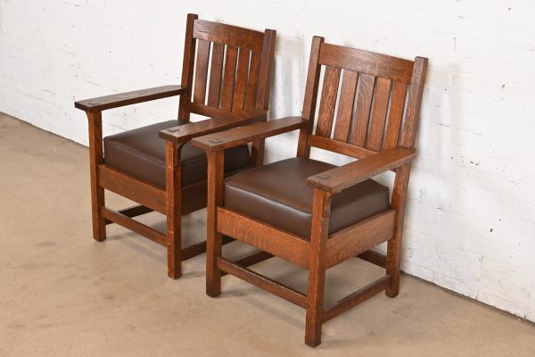 Gustav Stickley Antique Mission Oak Arts & Crafts Arm Chairs, Pair - Image 4
