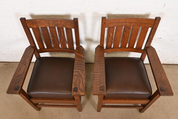 Gustav Stickley Antique Mission Oak Arts & Crafts Arm Chairs, Pair - Image 5